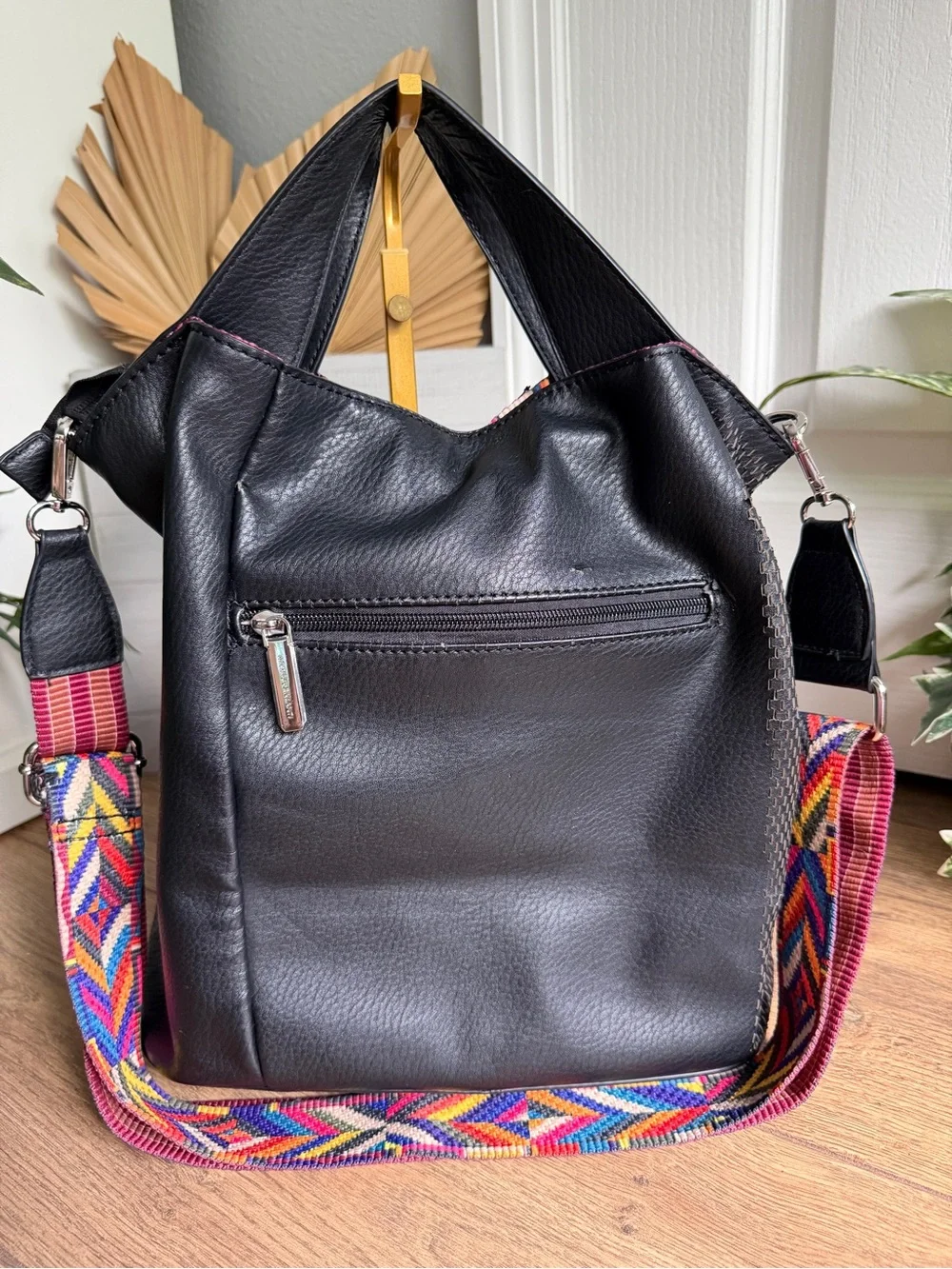 Marina Galanti Black VL Hobo Tote Bag w/Studs & Removable Colorful Strap